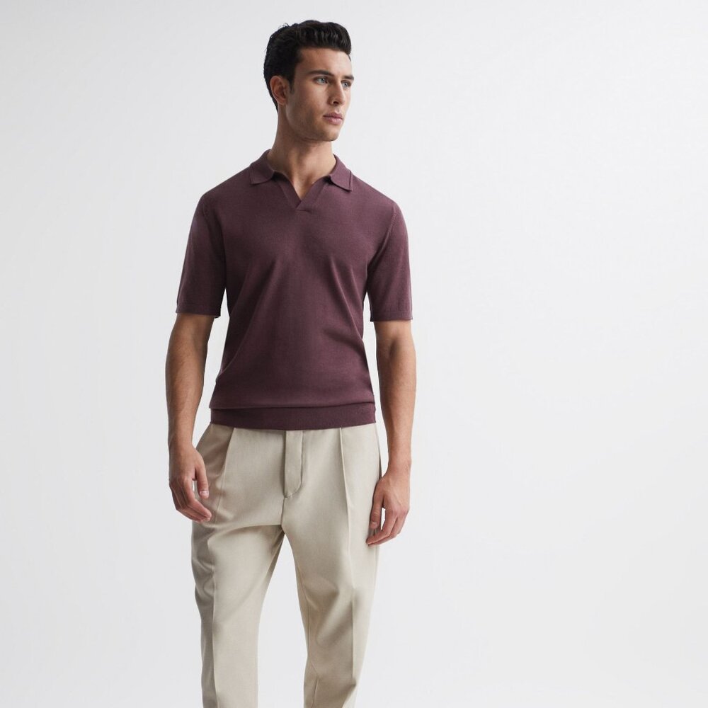 Reiss Duchie Merino Wool Open Collar Polo Shirt - Mahagony